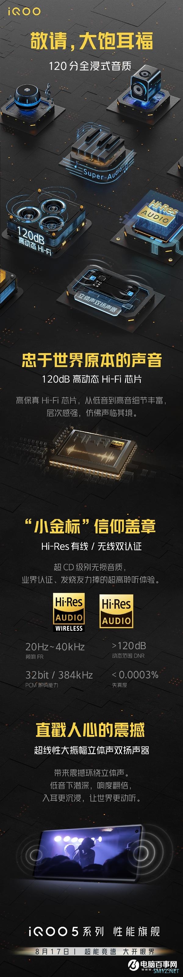 120W快充旗舰iQOO 5来了：120dB高动态Hi-Fi芯片+双扬声器