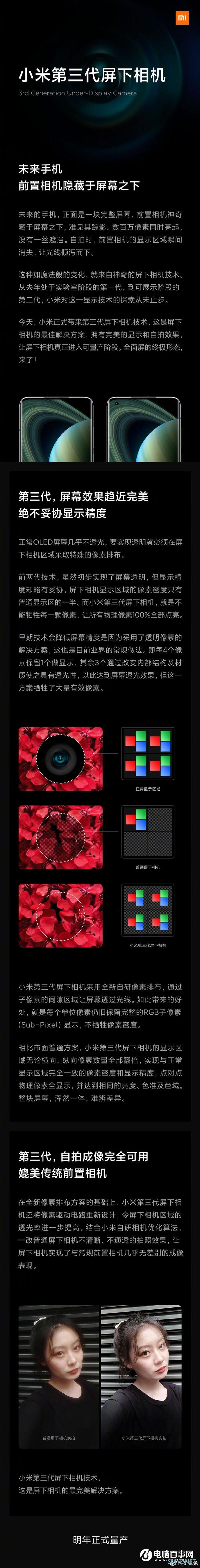 真全面屏！小米展示第三代屏下相机技术：已达到量产水准